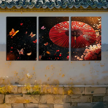 3pcs Red Flower and Paper Umbrella Design Metal Print Ready to Hang Art