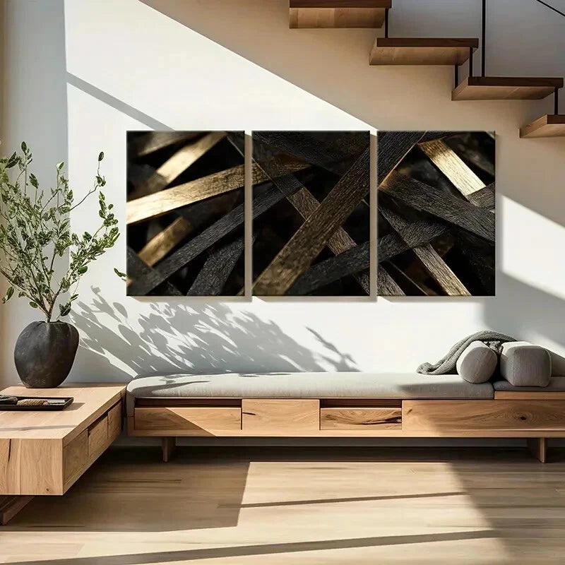 3pcs Modern Abstract Geometric Texture & Golden Metal Print Ready to Hang Art