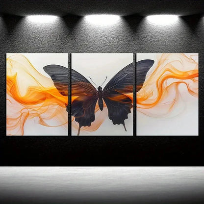 3pcs Vibrant Orange and Black Butterfly Design Metal Print Ready to Hang Art
