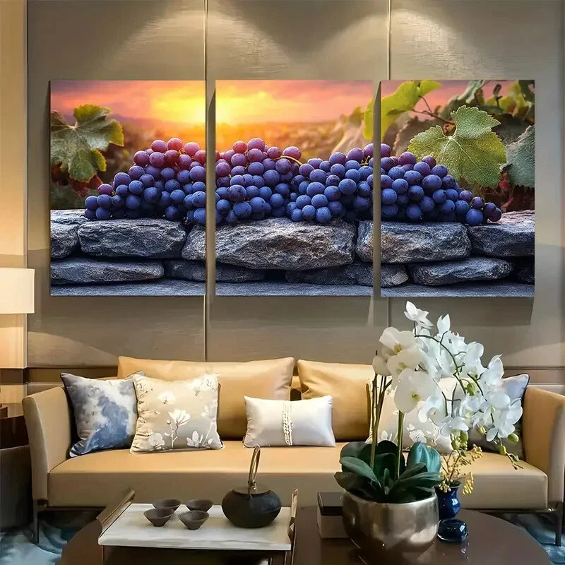 3pcs Mystical Vineyard with Colossal Grape Cluster Metal Print Ready to Hang Art