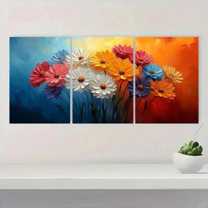 3pcs Vibrant Abstract Floral Textured Oil Impasto Metal Print Ready to Hang Art