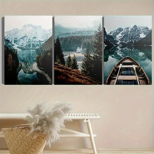 3pcs Scandinavian Forest Lake Boat Mountains Metal Print Ready to Hang Art