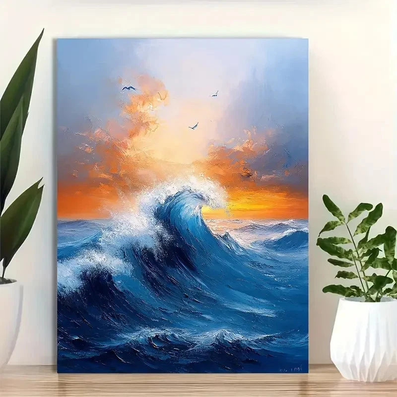 Beautiful Abstract Blue Ocean Vibrant Sunset Painting 40x60cm Metal Print Ready to Hang
