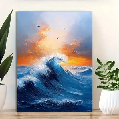 Beautiful Abstract Blue Ocean Vibrant Sunset Painting 40x60cm Metal Print Ready to Hang