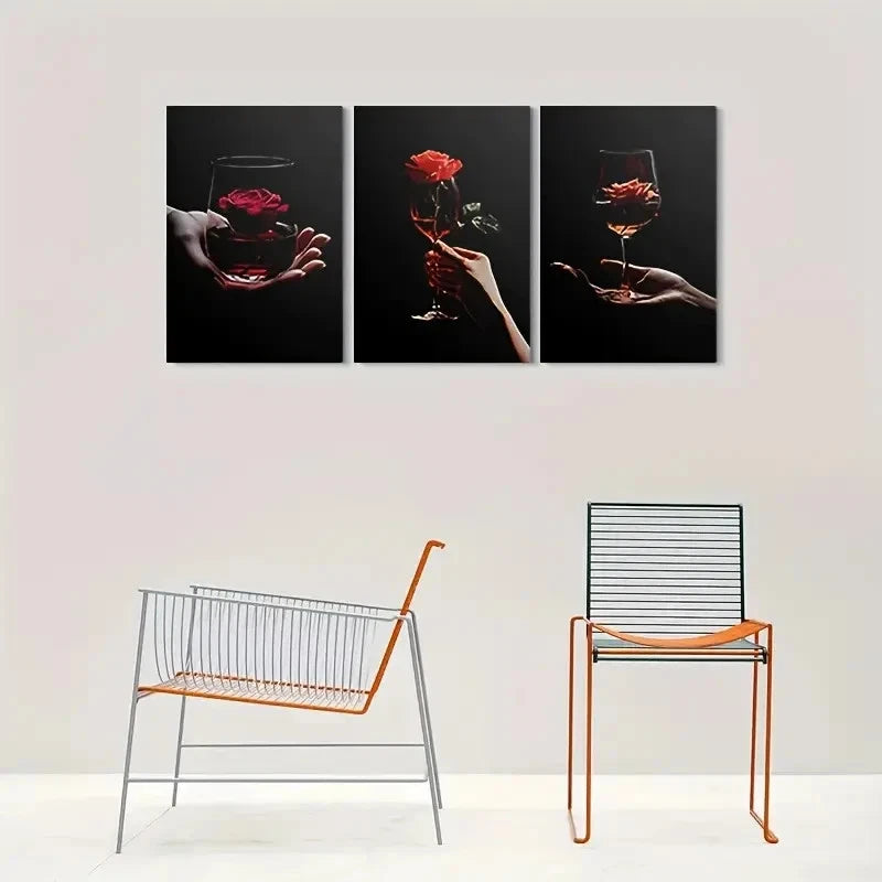 3pcs Romantic Red Rose in Wine Glass Metal Print Ready to Hang Art