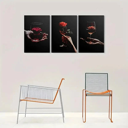 3pcs Romantic Red Rose in Wine Glass Metal Print Ready to Hang Art