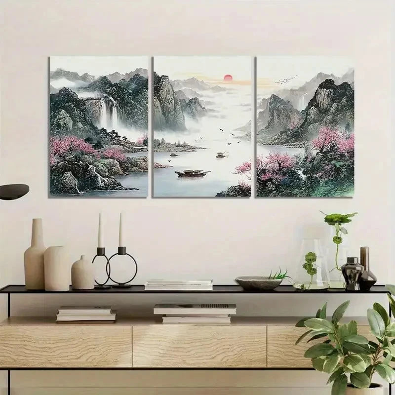 3pcs Traditional Chinese Landscape Painting Metal Print Ready to Hang Art
