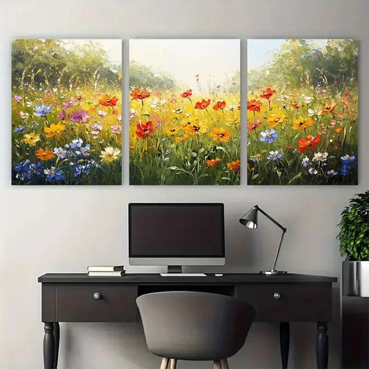 3pcs Floral Meadow Sunlit Wildflowers Field Design Metal Print Ready to Hang Art