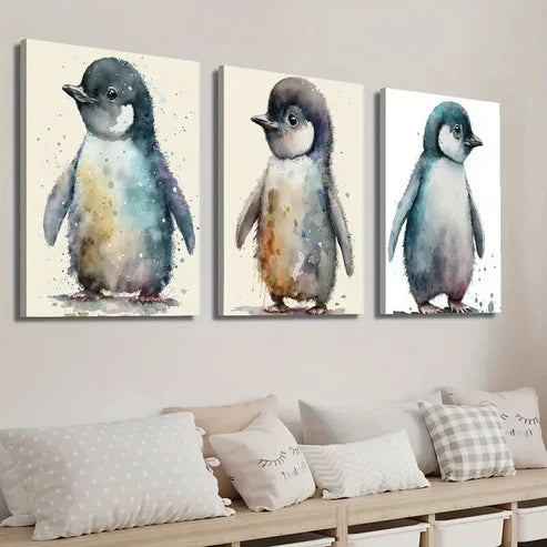 3pcs Colorful Cartoon Animal Penguin Decor Wall Art Set Canvas Unframed - High Quality Print 100% Australian Made Wall Canvas