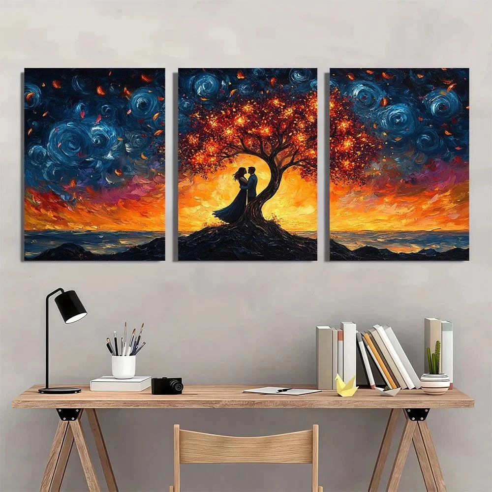 Three-panel wall art depicting a couple under a tree with a colorful sky above a desk.