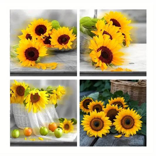 4pcs Sunflower Wall Art Decor, Vase Wall Art Canvas Framed