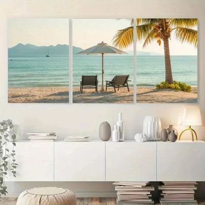 3pcs Palm Tree Beach Chairs Sun Umbrella Metal Print Ready to Hang Art