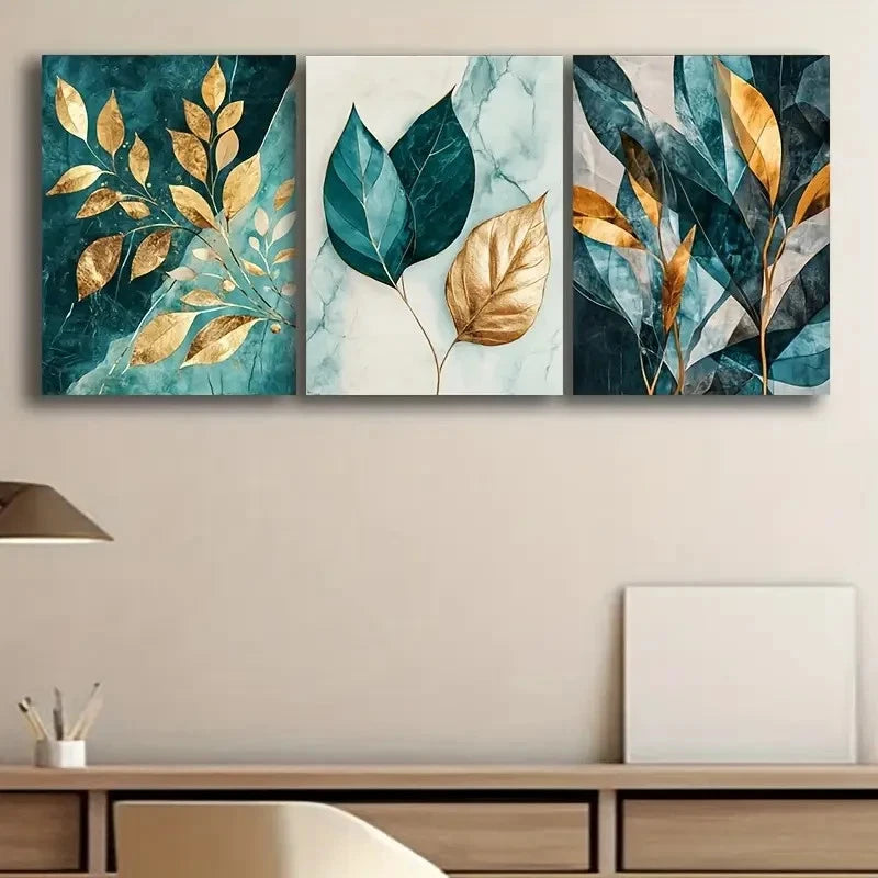 3pcs Elegant Blue And Golden Leaf Wall Art Set Canvas Framed 60x90cm - High Quality Print 100% Australian Made Wall Canvas Ready to Hang