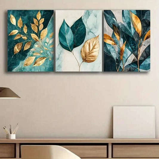 3pcs Elegant Blue And Golden Leaf Wall Art Set Canvas Framed 60x90cm - High Quality Print 100% Australian Made Wall Canvas Ready to Hang