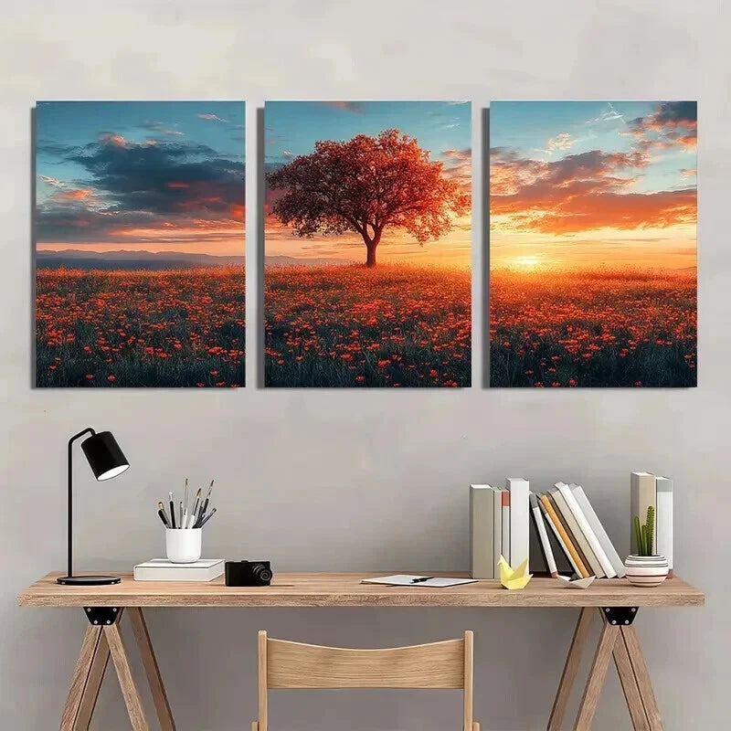 3pcs Home Relaxation Sunset Meadow Landscape Wall Art Set Canvas Framed 50x70cm - High Quality Print 100% Australian Made Wall Canvas Ready to Hang