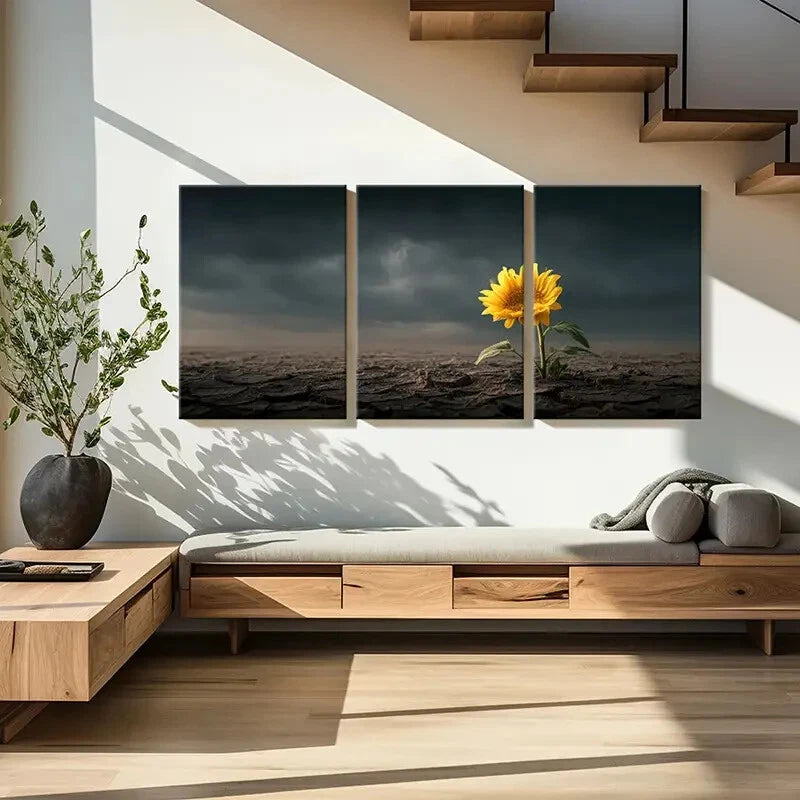 3pcs Sunflower Dark Sky Cracked Earth Metal Print Ready to Hang Art