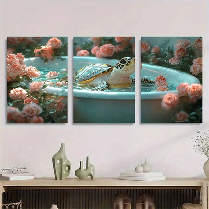 3pcs Whimsical Sea Turtle in Bathtub Metal Print Ready to Hang Art