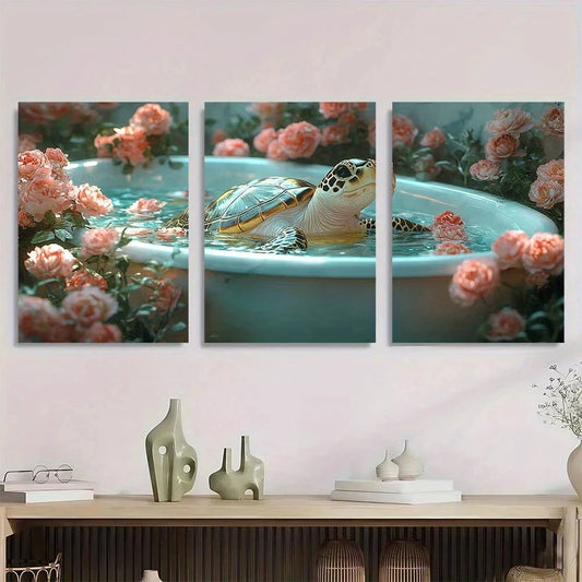 3pcs Whimsical Sea Turtle in Bathtub Metal Print Ready to Hang Art