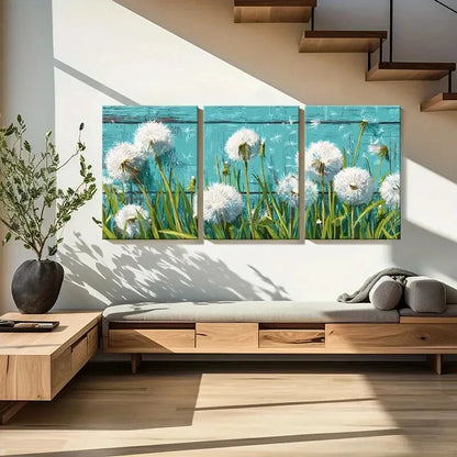 3pcs Dandelion Art White Fluff Blue Background Metal Print Ready to Hang Art