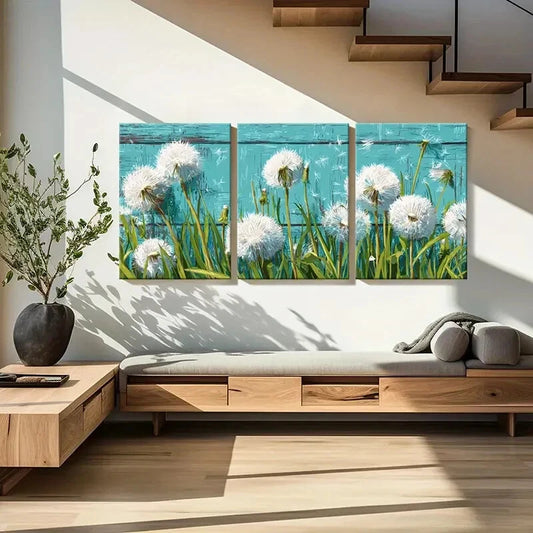 3pcs Dandelion Art White Fluff Blue Background Metal Print Ready to Hang Art