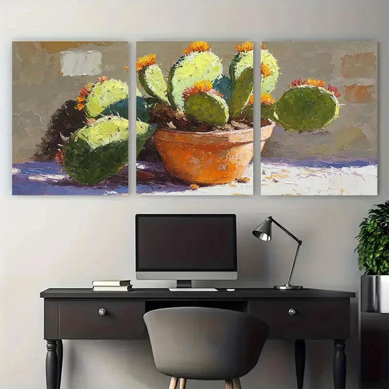 3pcs Vibrant Cactus in Pot Mexican Garden Metal Print Ready to Hang Art