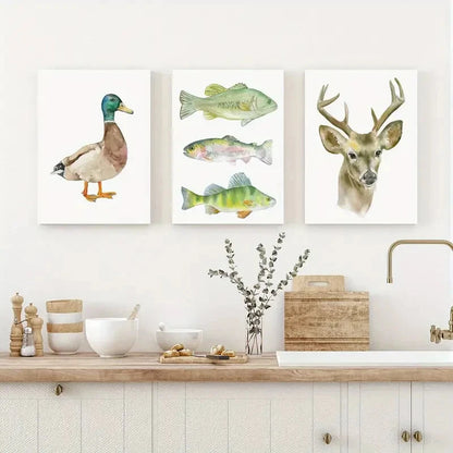 3pcs Watercolor Animal Prints Hunting & Fishing Metal Print Ready to Hang Art