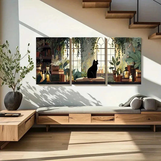 3pcs Black Cat Vintage Books Candles Green Plants Metal Print Ready to Hang Art