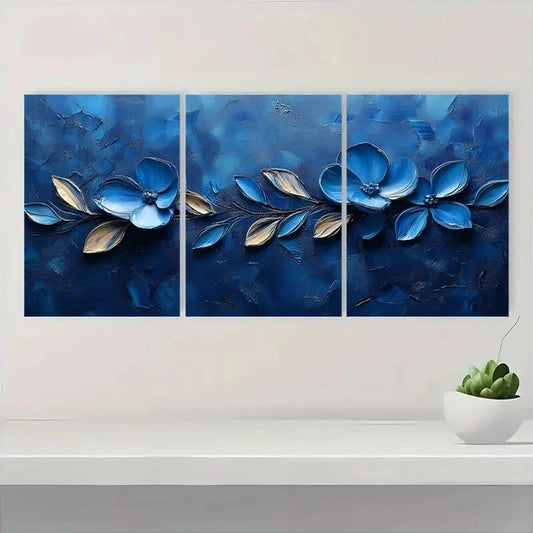 3pcs Featuring Vibrant Blue Flowers and Leaves Metal Print Ready to Hang Art