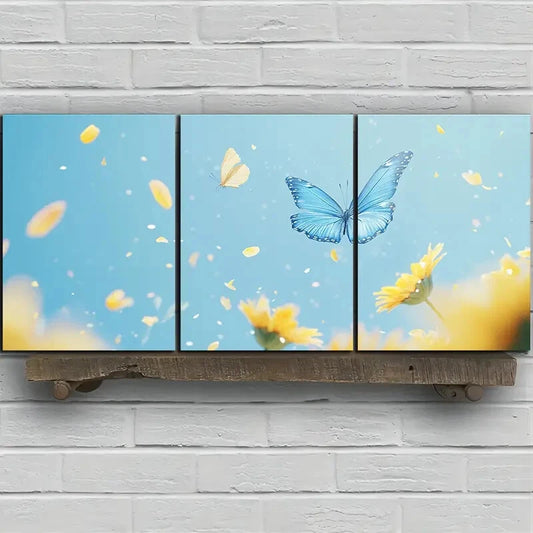 3pcs Sunflowers and Blue Butterfly Metal Print Ready to Hang Art