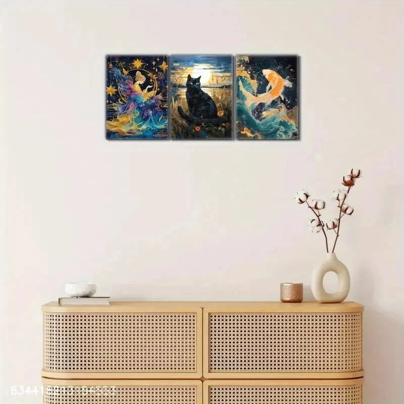 3pcs Sea Waves and Fish Cat Decoration Poster Metal Print Ready to Hang Art