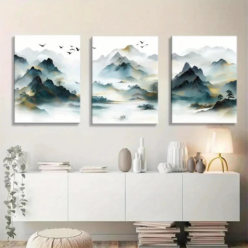 3pcs Misty Mountain Flying Birds Metal Print Ready to Hang Art