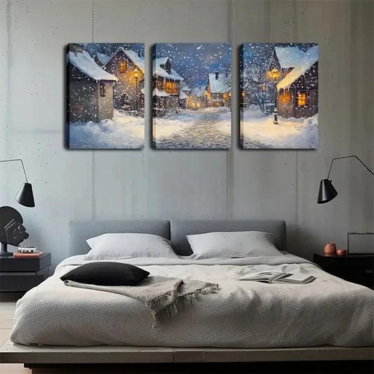 3pcs Snowy Village Scene with Warm Lights Metal Print Ready to Hang Art