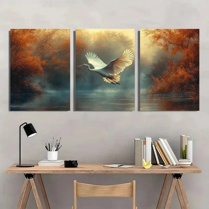 3pcs White Crane Flying Misty Forest Painting Wall Art Set Canvas Framed 40x60cm - High Quality Print 100% Australian Made Wall Canvas Ready to Hang