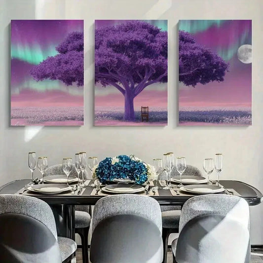 3pcs Solitary Tree Under Northern Lights Metal Print Ready to Hang Art