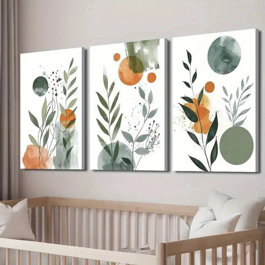 3pcs Nordic Green & Orange Botanical Leaf Wall Art Set Canvas Framed 50x70cm - High Quality Print 100% Australian Made Wall Canvas Ready to Hang