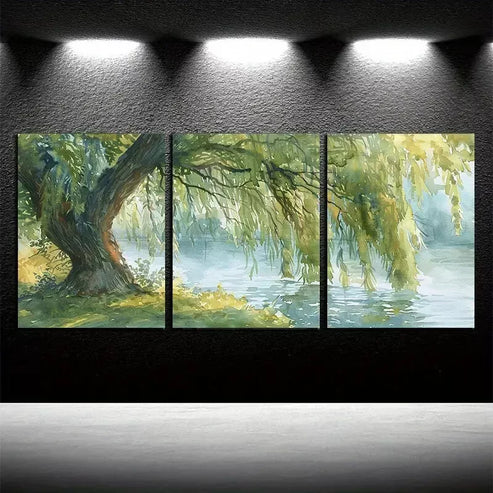 3pcs Willow Tree & Lake Oil Painting Canvas Framed 60X90cm - High Quality Print 100% Australian Made Wall Canvas Ready to Hang
