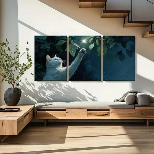 3pcs Cat Reaching for Light Night Sky Stars Metal Print Ready to Hang Art