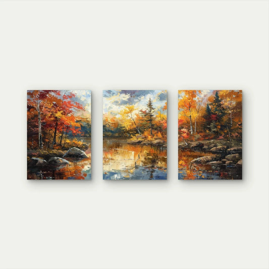 3pcs Vibrant Impressionist Autumn Forest Wall Art Set Canvas Framed 50x70cm - High Quality Print 100% Australian Made Wall Canvas Ready to Hang