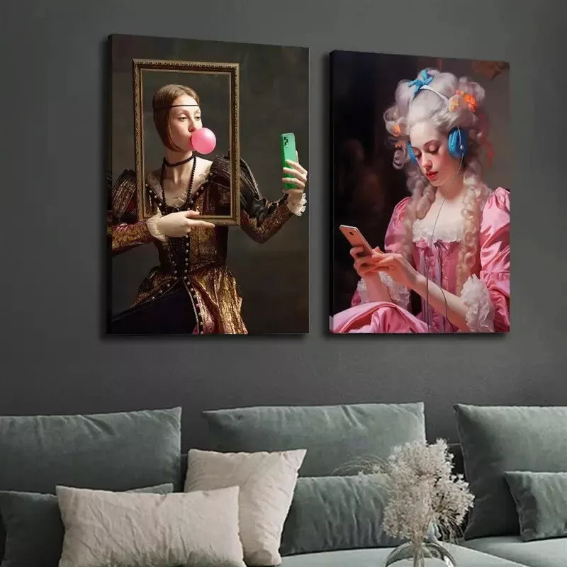 2pcs Painting, Funny Renaissance, Baroque Style, Vintage Female Canvas Framed 50x75cm - High Quality Print 100% Australian Made Wall Canvas Ready to Hang