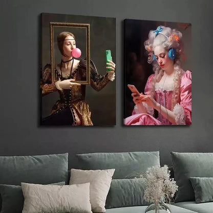 2pcs Painting, Funny Renaissance, Baroque Style, Vintage Female Canvas Framed 50x75cm - High Quality Print 100% Australian Made Wall Canvas Ready to Hang