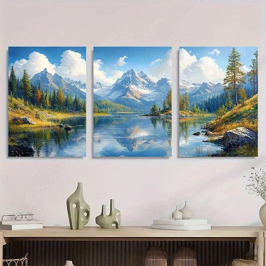 3pcs Snow Capped Peaks Reflective Waters & Lush Metal Print Ready to Hang Art