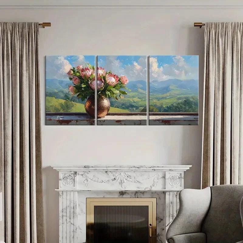 3pcs Floral Arrangement Landscape Background Metal Print Ready to Hang Art