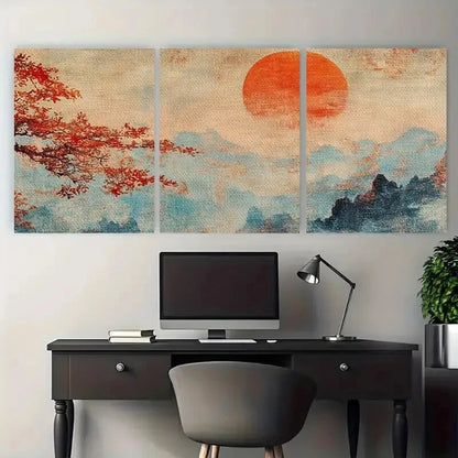 3pcs Japanese Maple Tree at Sunset Woodblock Metal Print Ready to Hang Art