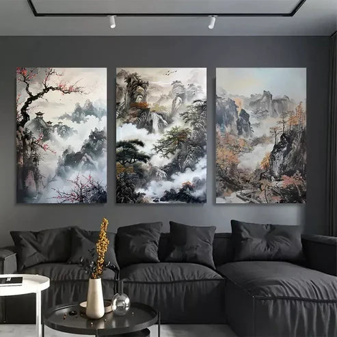 3pcs Mountain & Forest Chinese landscape Canvas Framed 60x90cm - High Quality Print 100% Australian Made Wall Canvas Ready to Hang