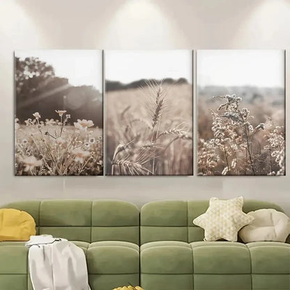 3pcs Nature-Inspired Floral and Wheat Field Metal Print Ready to Hang Art