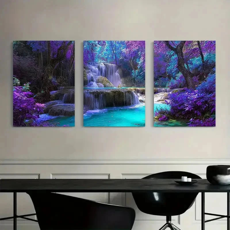 3pcs Enchanting Waterfall in Purple-Blue Forest Metal Print Ready to Hang Art