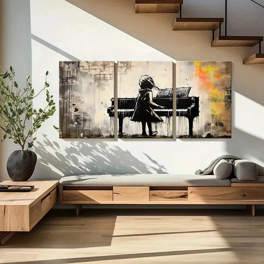 3pcs Vintage Little Girl Playing Piano Wall Art Set Canvas Framed 40x60cm - High Quality Print 100% Australian Made Wall Canvas Ready to Hang