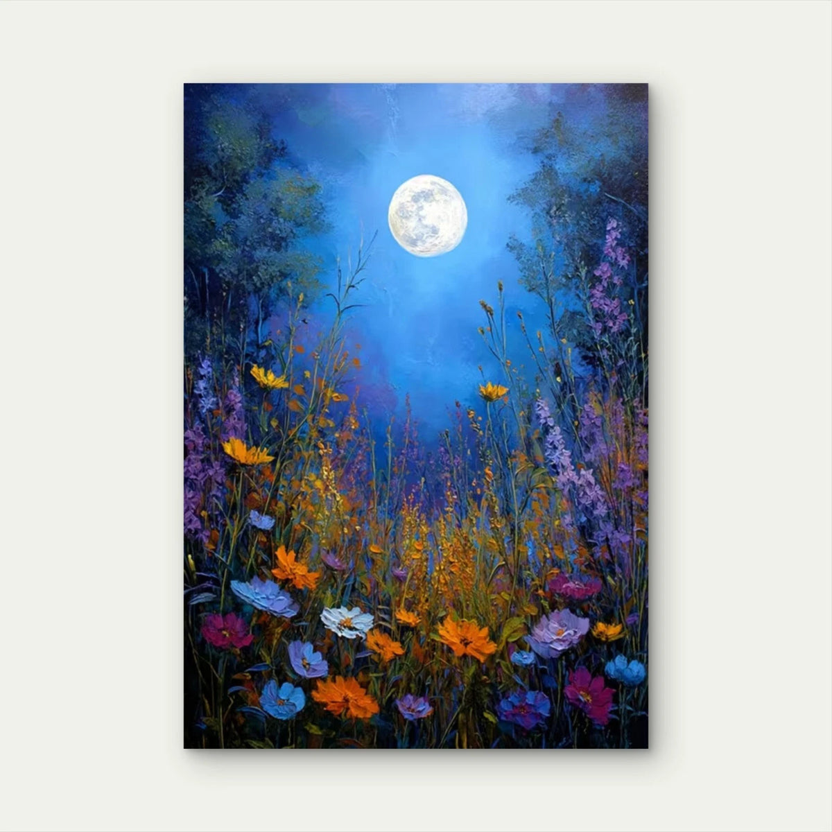 Manga Style Full Moon & Wildflowers Metal Print Ready to Hang