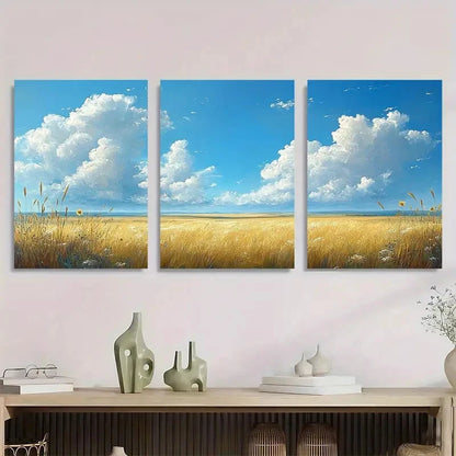3pcs White Cloudy Blue Sky & Golden Wheat Field Metal Print Ready to Hang Art
