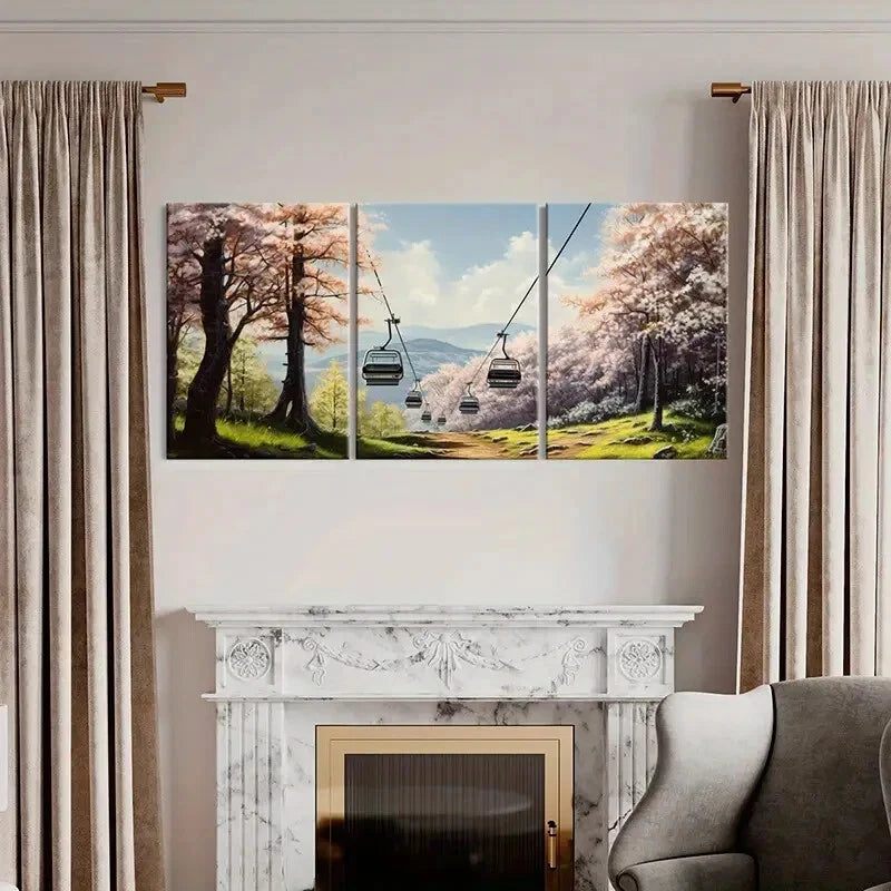 3pcs Sakura Cable Car Mountain View Forest Metal Print Ready to Hang Art